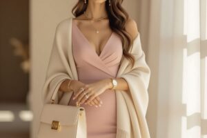 Kobieta w różowej sukience z beżowymi dodatkami stoi w jasnym, nowoczesnym wnętrzu