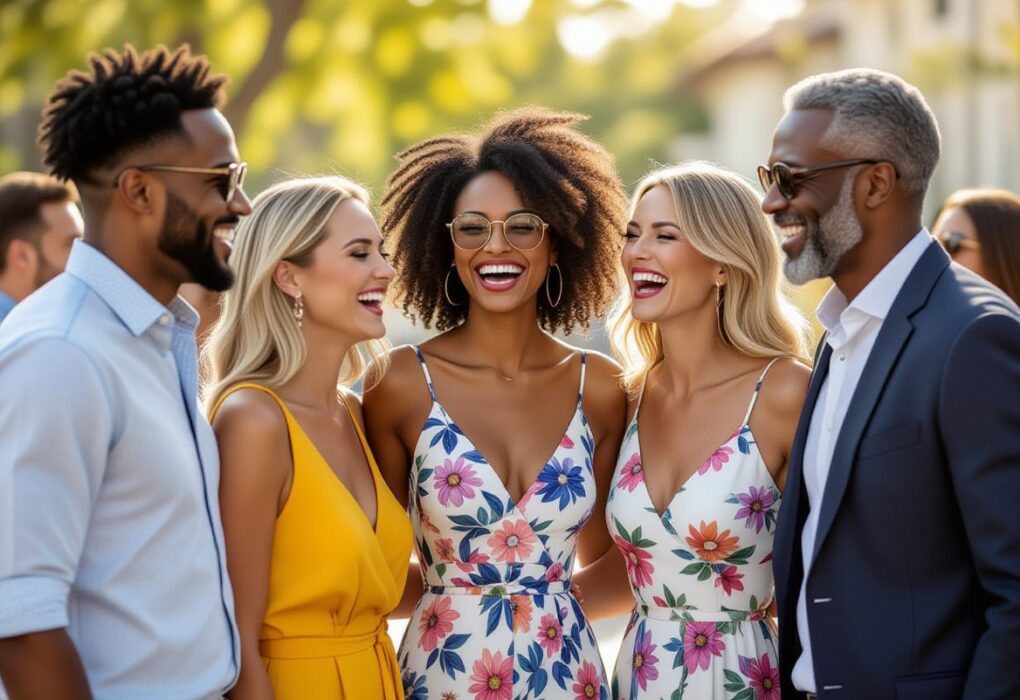 Grupa modnie ubranych osób w różnym wieku śmieje się i pozuję na zewnątrz podczas spotkania towarzyskiego