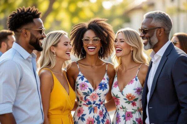 Grupa modnie ubranych osób w różnym wieku śmieje się i pozuję na zewnątrz podczas spotkania towarzyskiego