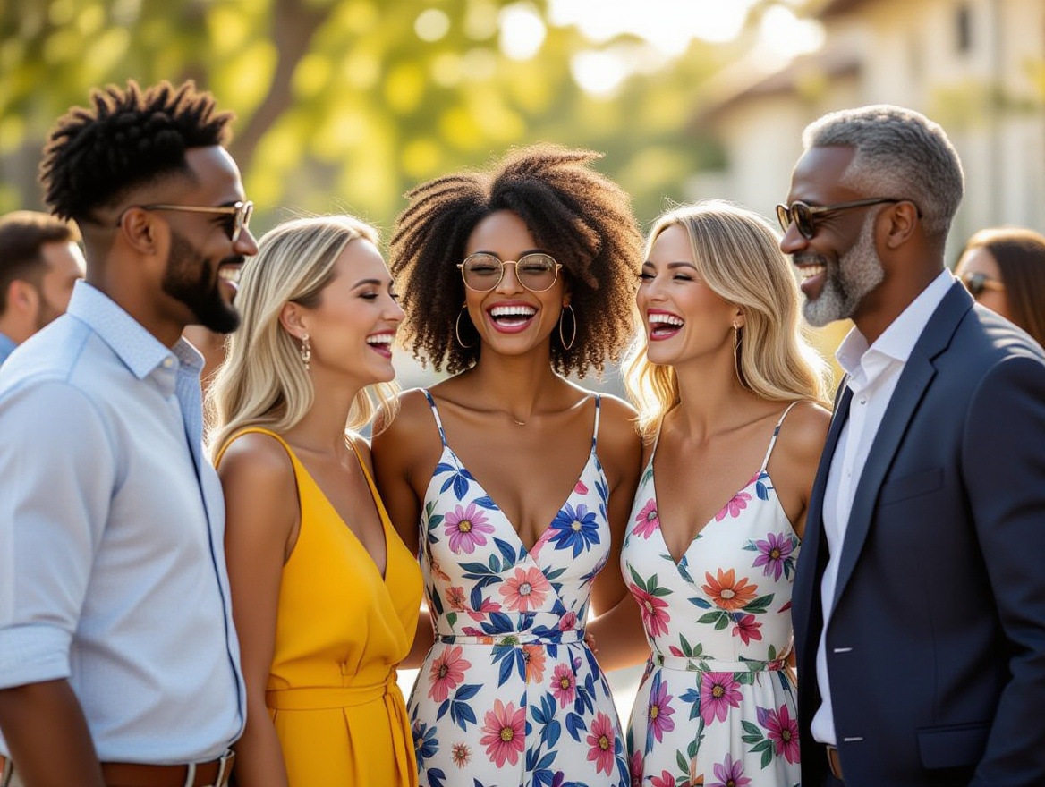 Grupa modnie ubranych osób w różnym wieku śmieje się i pozuję na zewnątrz podczas spotkania towarzyskiego