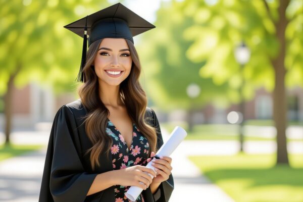 Młoda kobieta na ceremonii ukończenia studiów, trzyma dyplom, stoi na kampusie uniwersyteckim na zewnątrz