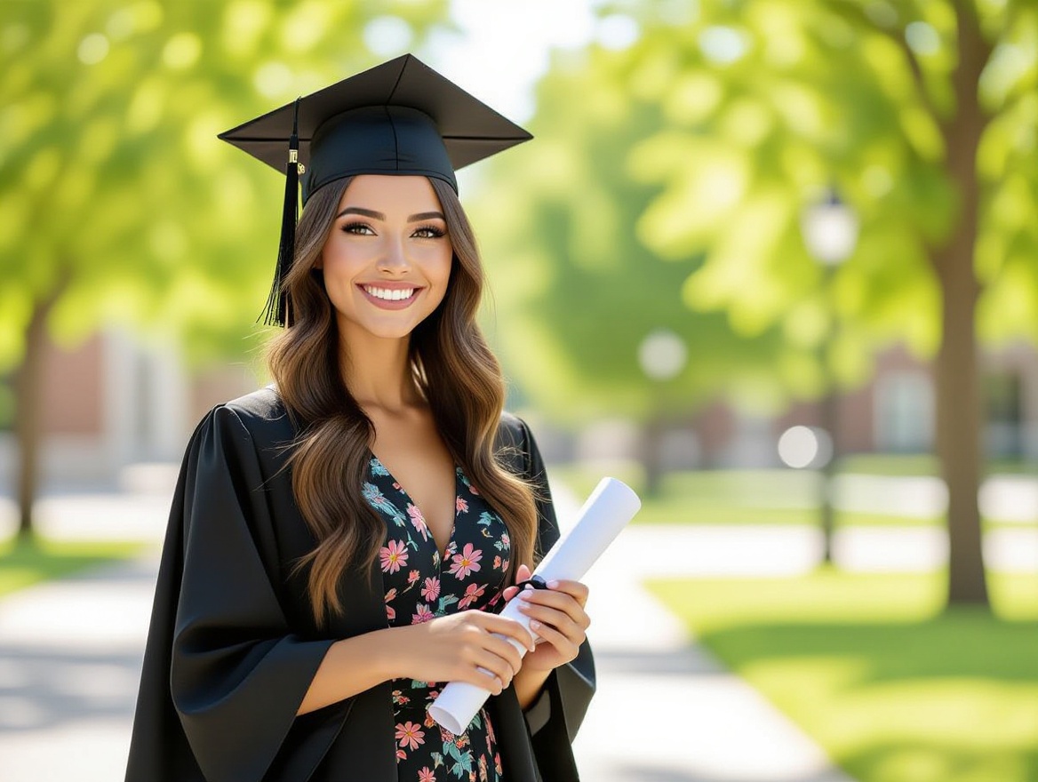 Młoda kobieta na ceremonii ukończenia studiów, trzyma dyplom, stoi na kampusie uniwersyteckim na zewnątrz