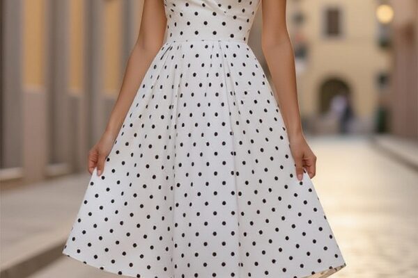 Młoda kobieta w białej sukience z czarnymi grochami stoi na brukowanej ulicy obok czerwonych szpilek.