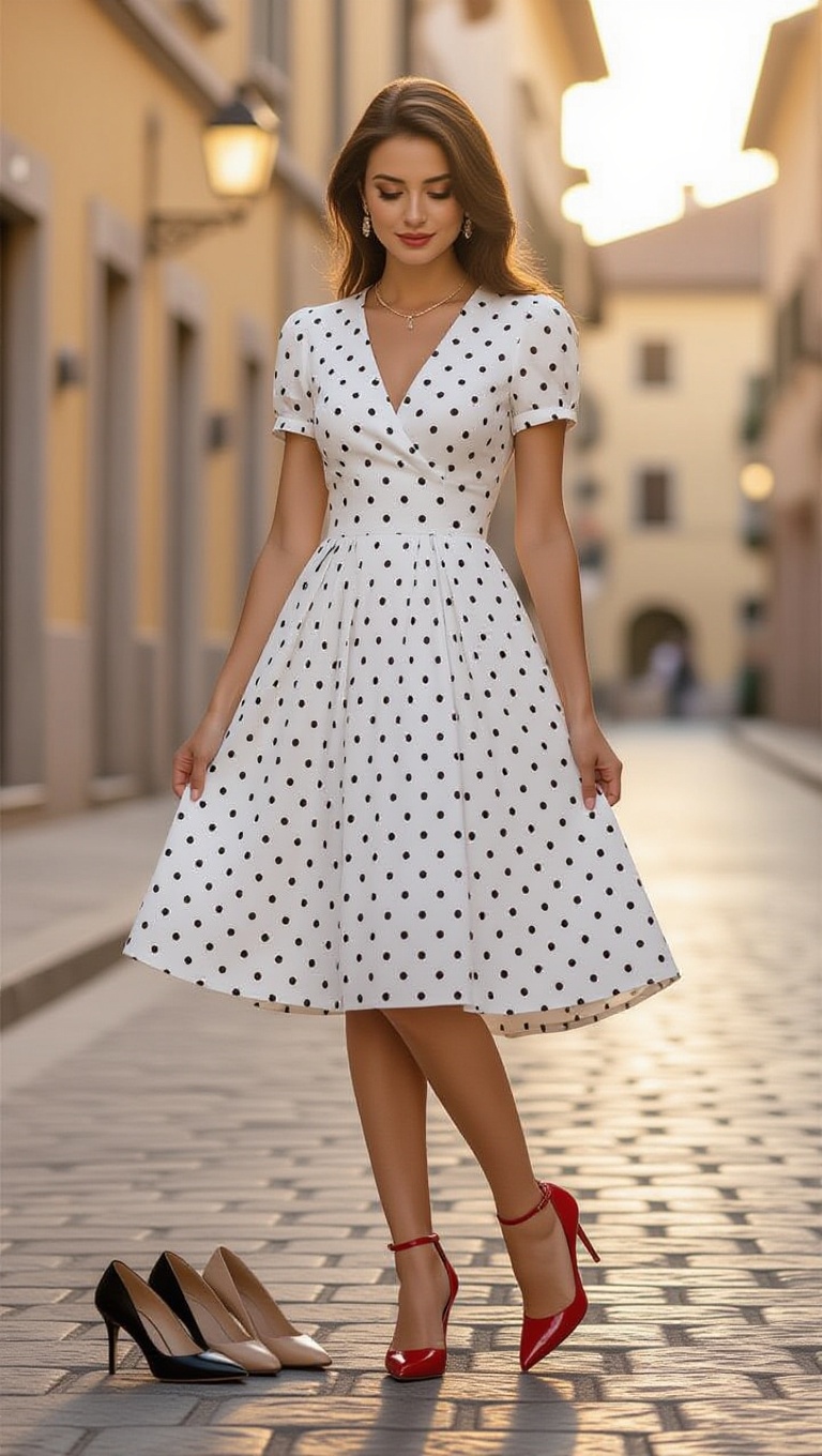 Młoda kobieta w białej sukience z czarnymi grochami stoi na brukowanej ulicy obok czerwonych szpilek.