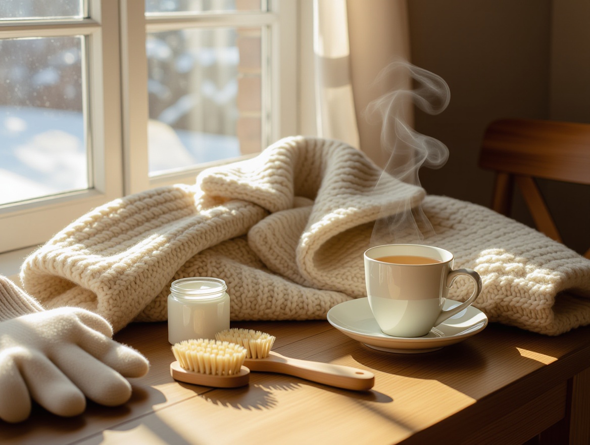 Złożony zimowy płaszcz na drewnianym stole z akcesoriami do pielęgnacji i filiżanką herbaty