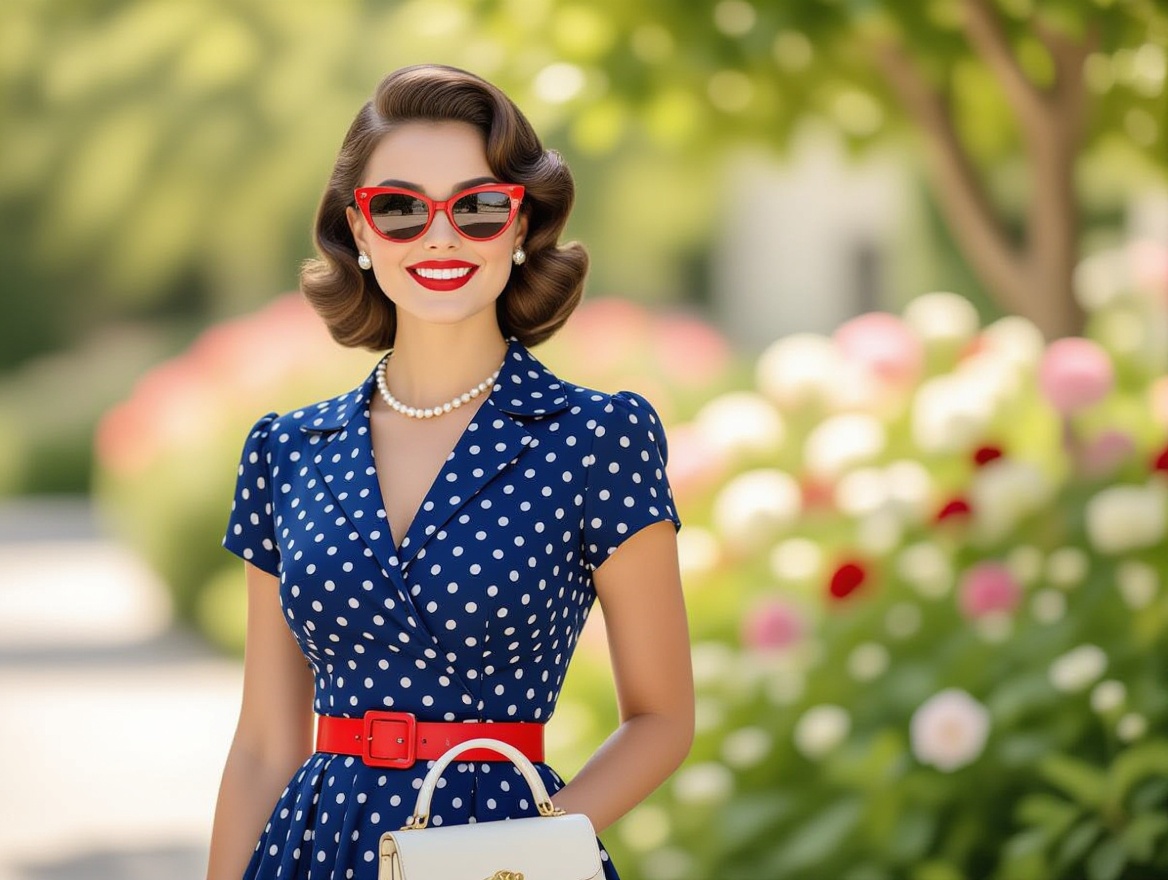 Kobieta w sukience w groszki i stylu lat 50. z czerwonym paskiem i okularami stojąca w ogrodzie.