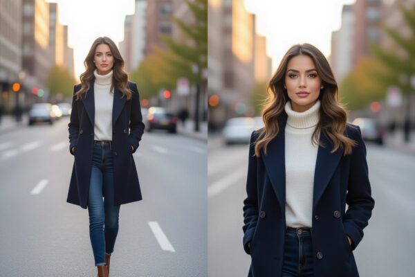 Kobieta w granatowym płaszczu i białym golfie stoi na miejskiej ulicy przy zachodzie słońca