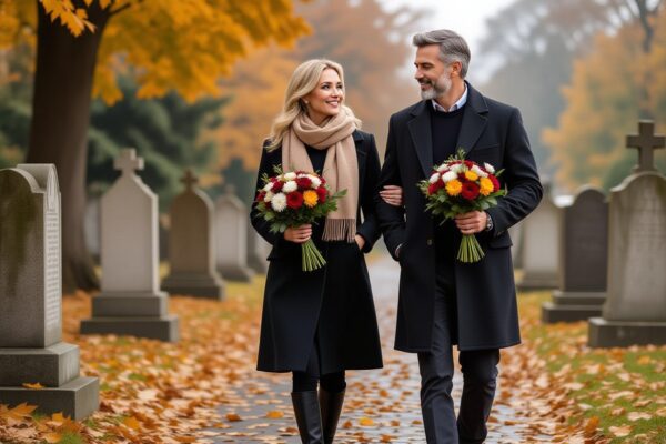 Średniowieczna para z kwiatami spaceruje po cmentarzu w jesienny, pochmurny dzień, ubrana na Wszystkich Świętych.