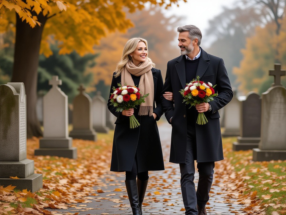 Średniowieczna para z kwiatami spaceruje po cmentarzu w jesienny, pochmurny dzień, ubrana na Wszystkich Świętych.