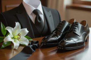 Strój pogrzebowy na drewnianym stole: czarny garnitur, biała koszula, krawat, buty i biały lilia