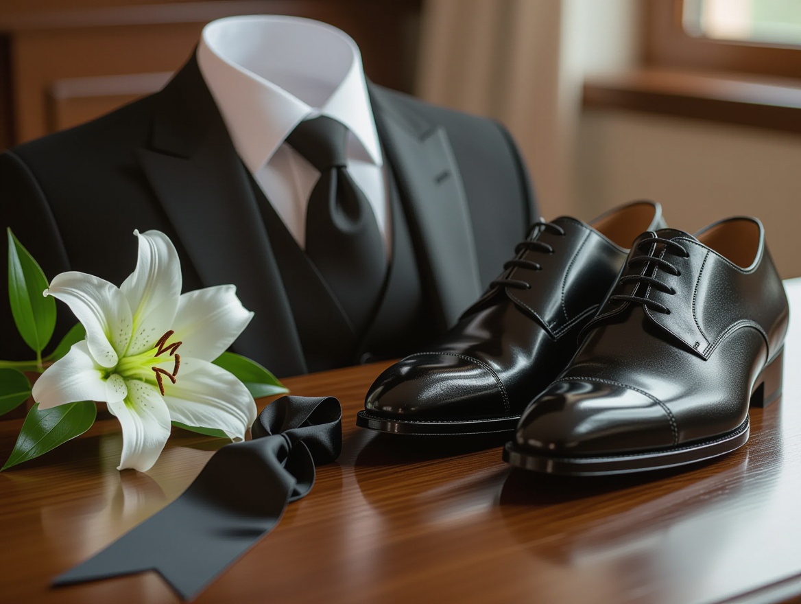 Strój pogrzebowy na drewnianym stole: czarny garnitur, biała koszula, krawat, buty i biały lilia