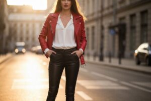 Kobieta w czarnych spodniach i czerwonej kurtce stoi pewnie na ulicy o zachodzie słońca