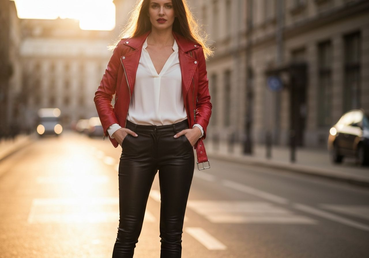 Kobieta w czarnych spodniach i czerwonej kurtce stoi pewnie na ulicy o zachodzie słońca