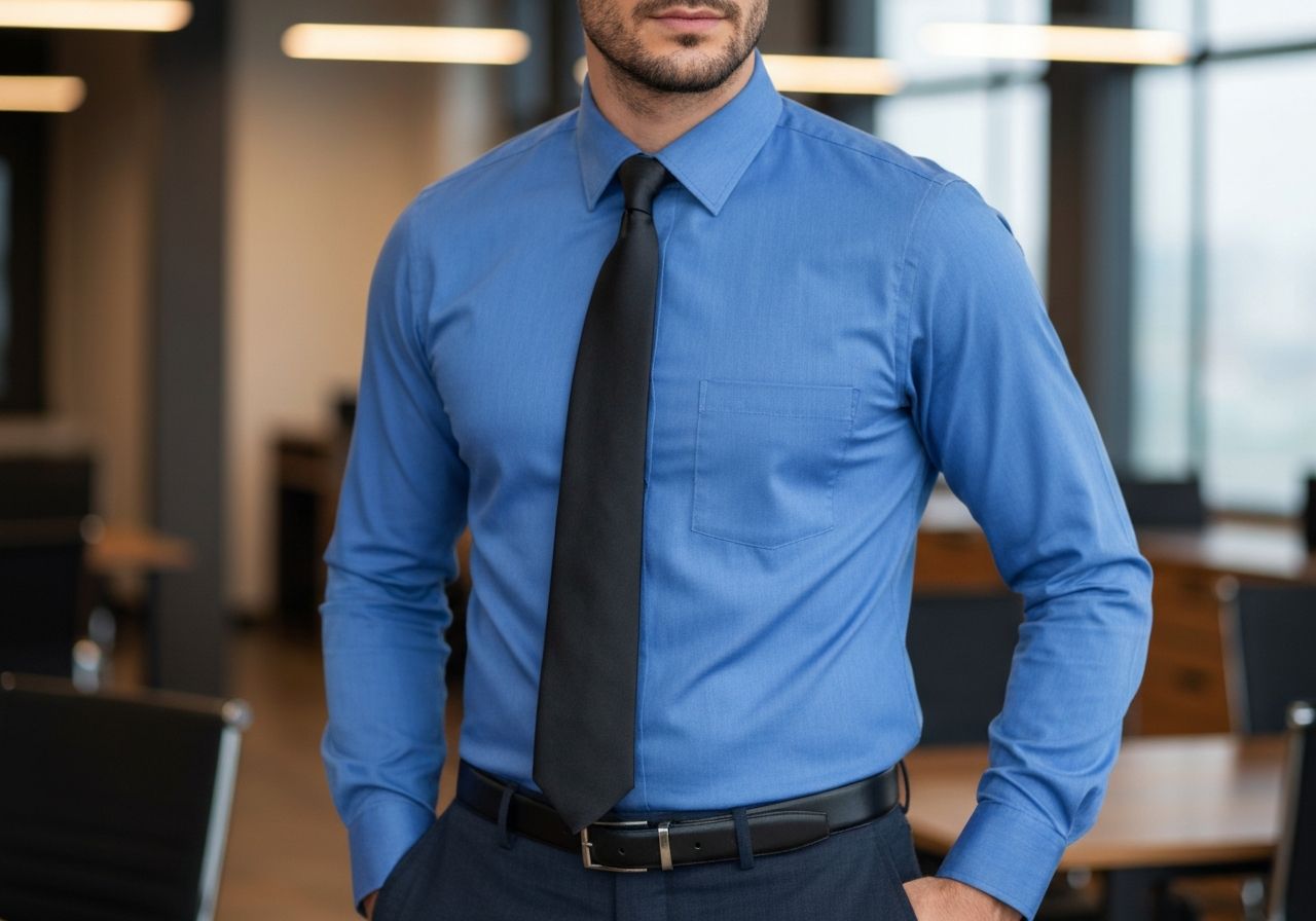 Mężczyzna w niebieskiej koszuli i czarnym krawacie na tle nowoczesnego biura, ujęcie od pasa w górę.