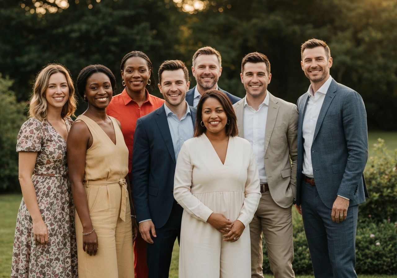 Grupa dorosłych na spotkaniu klasowym w ogrodzie podczas złotej godziny, ubrani w eleganckie, casualowe stroje