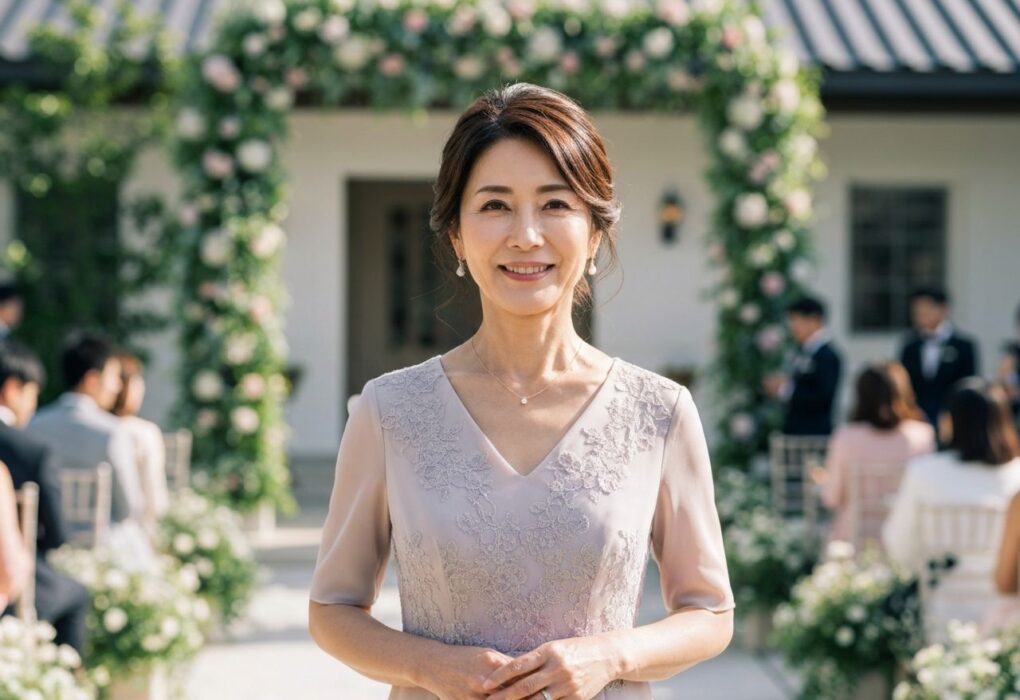 Elegancka kobieta w pastelowej sukni stoi w jasnym wnętrzu sali weselnej z kwiatową dekoracją.