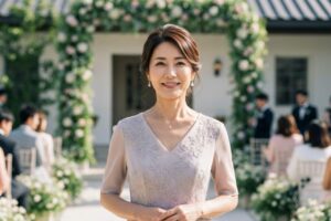 Elegancka kobieta w pastelowej sukni stoi w jasnym wnętrzu sali weselnej z kwiatową dekoracją.