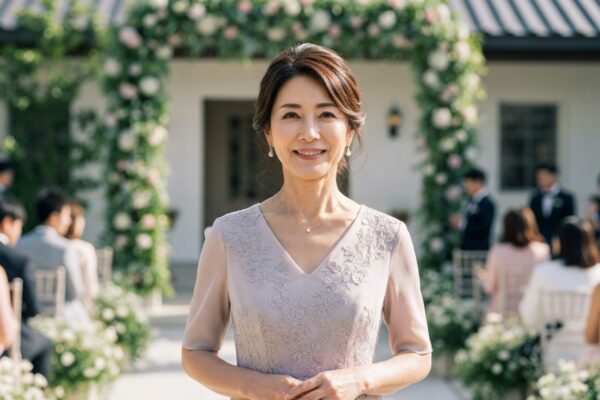 Elegancka kobieta w pastelowej sukni stoi w jasnym wnętrzu sali weselnej z kwiatową dekoracją.