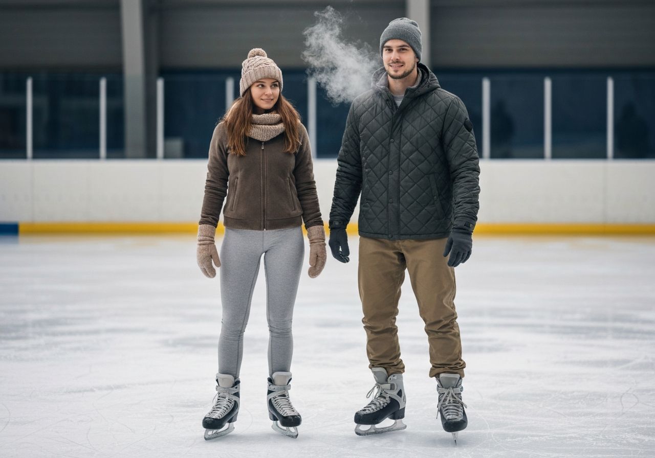 Młoda para na lodowisku ubrana ciepło, stojąca na gładkim lodzie w hali do jazdy na łyżwach.