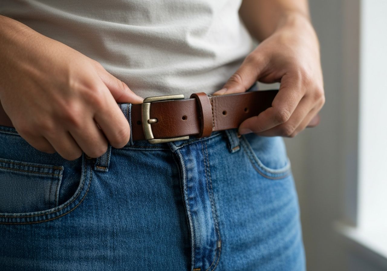 Osoba zapinająca brązowy skórzany pasek do niebieskich dżinsów, widok na dłonie i klamrę paska