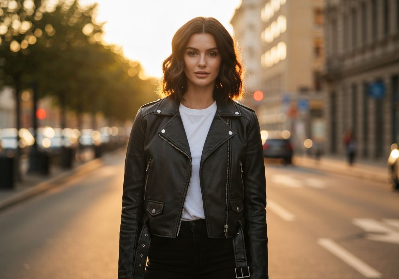 Młoda kobieta w czarnej ramonesce stojąca na ulicy miasta podczas złotej godziny