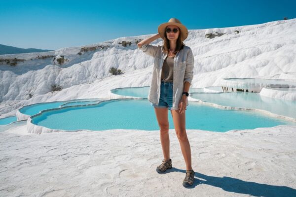 Kobieta stoi na białych tarasach wapiennych Pamukkale w Turkii przy termalnych basenach z turkusową wodą