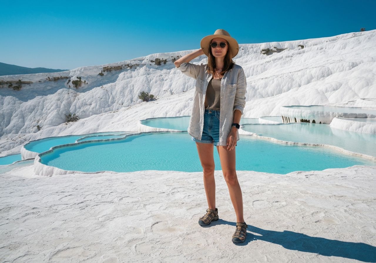 Kobieta stoi na białych tarasach wapiennych Pamukkale w Turkii przy termalnych basenach z turkusową wodą
