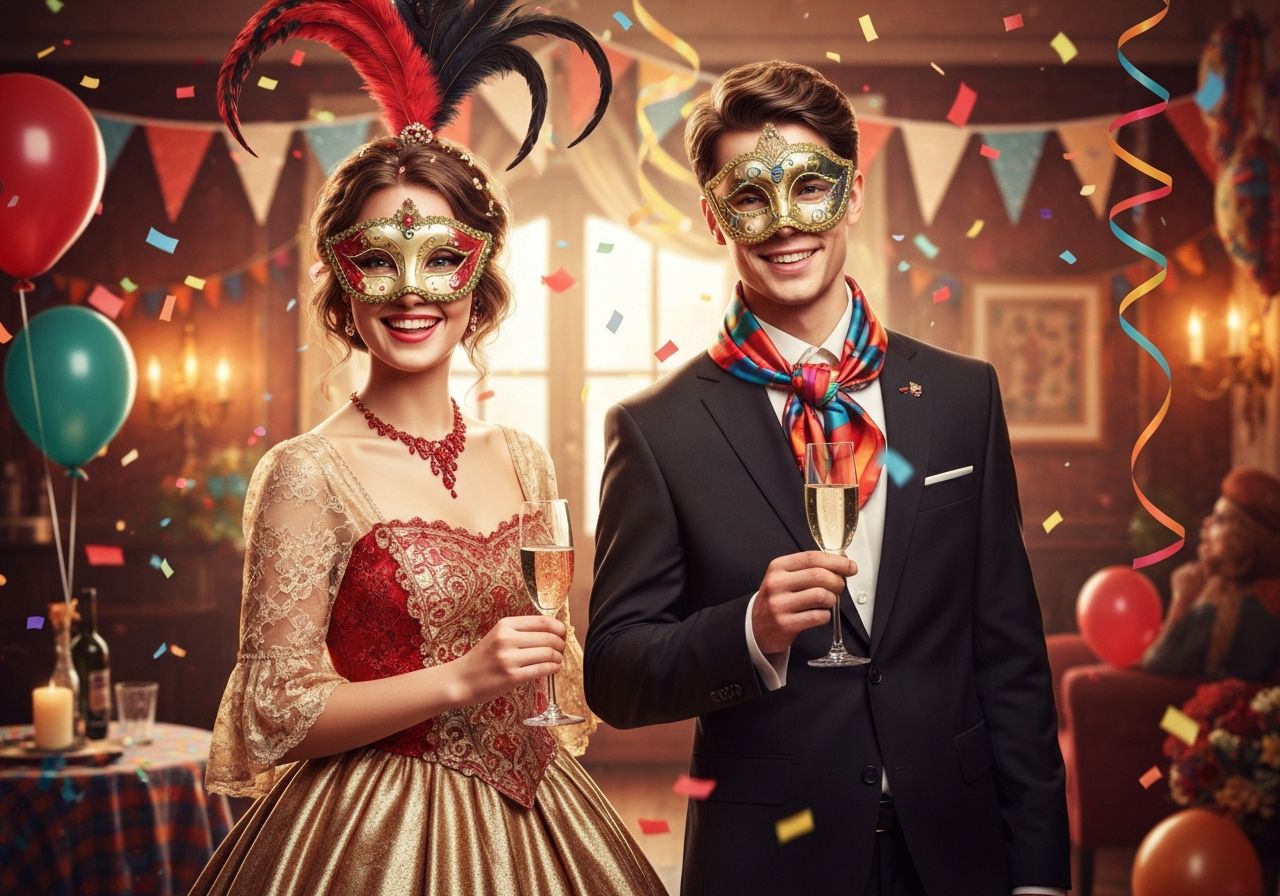 Młoda para w karnawałowych strojach z maskami, trzymająca kieliszki wśród konfetti i dekoracji.