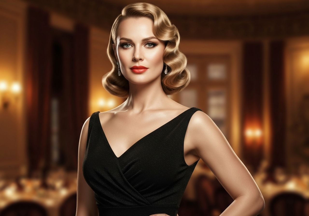 Elegancka kobieta w czarnej wieczorowej sukni, stylizowana na klasyczną Bond girl, na tle luksusowego wnętrza.