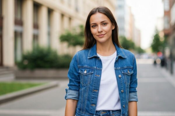 Młoda kobieta w niebieskiej jeansowej kamizelce i białym t-shircie na tle miejskiej scenerii