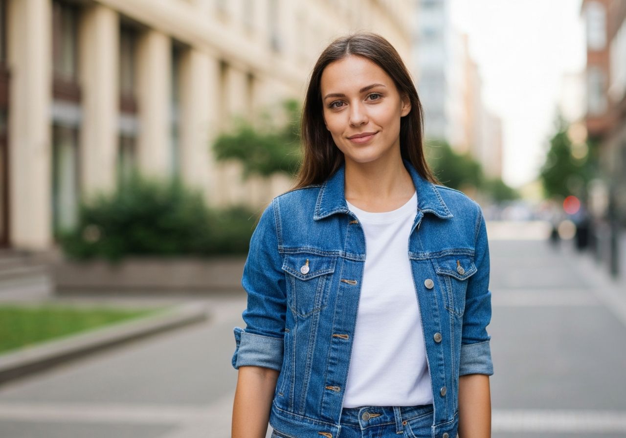 Młoda kobieta w niebieskiej jeansowej kamizelce i białym t-shircie na tle miejskiej scenerii