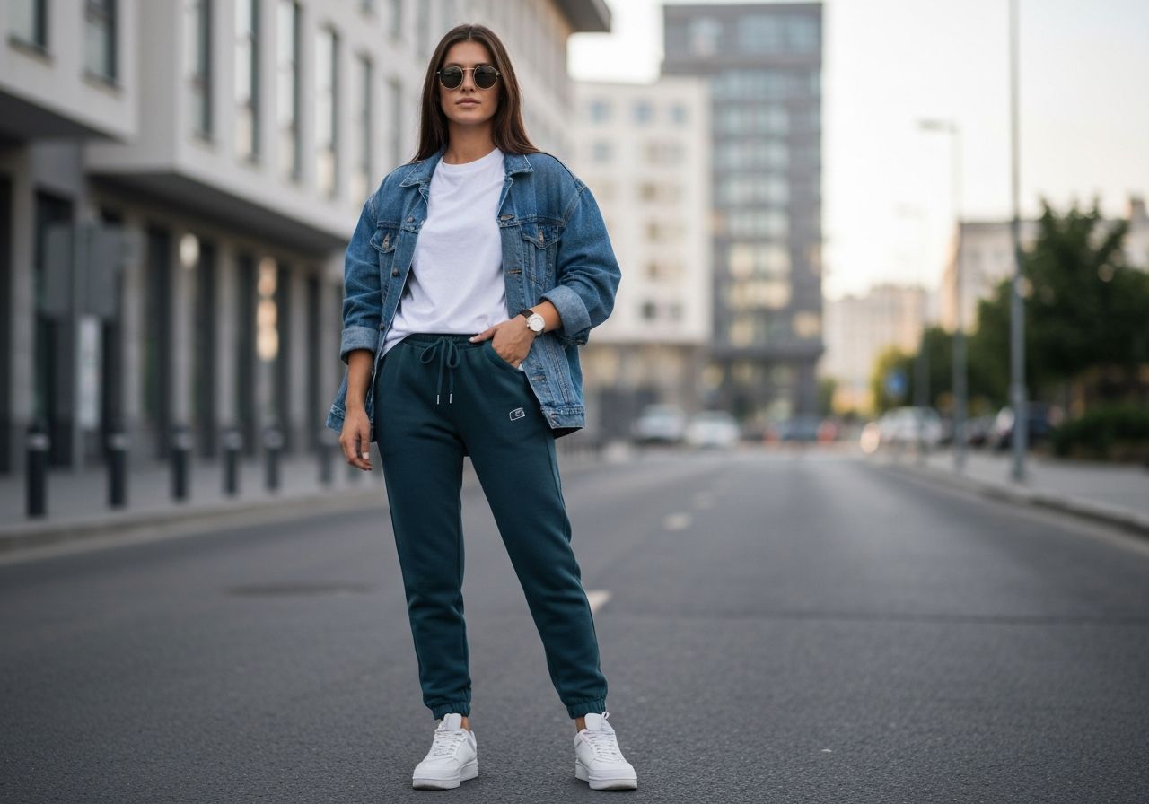 Młoda kobieta w sportowym stroju stoi na miejskiej ulicy w casualowej stylizacji z dżinsową kurtką.