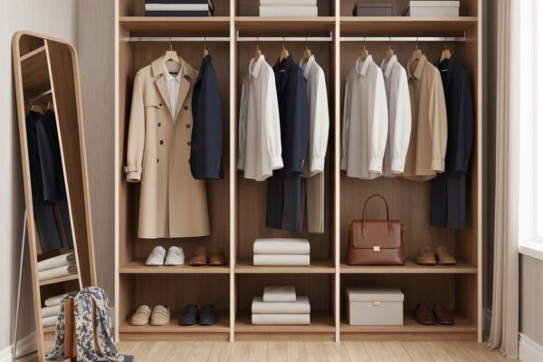 Wnętrze garderoby z klasycznymi ubraniami na drewnianych wieszakach i lustrze na jasnej podłodze