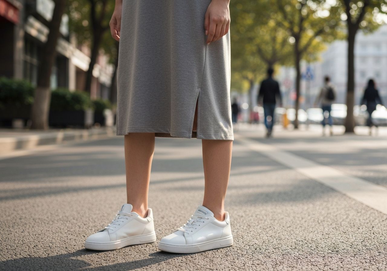 Młoda kobieta na miejskiej ulicy w białych sportowych butach, ubrana w casualową sukienkę.