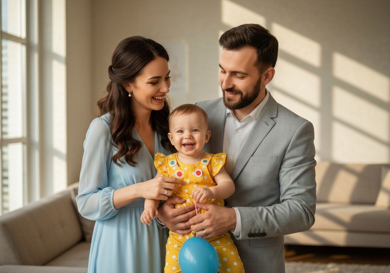 Szczęśliwa rodzina przygotowująca się na pierwsze urodziny dziecka w jasnym, przytulnym pokoju