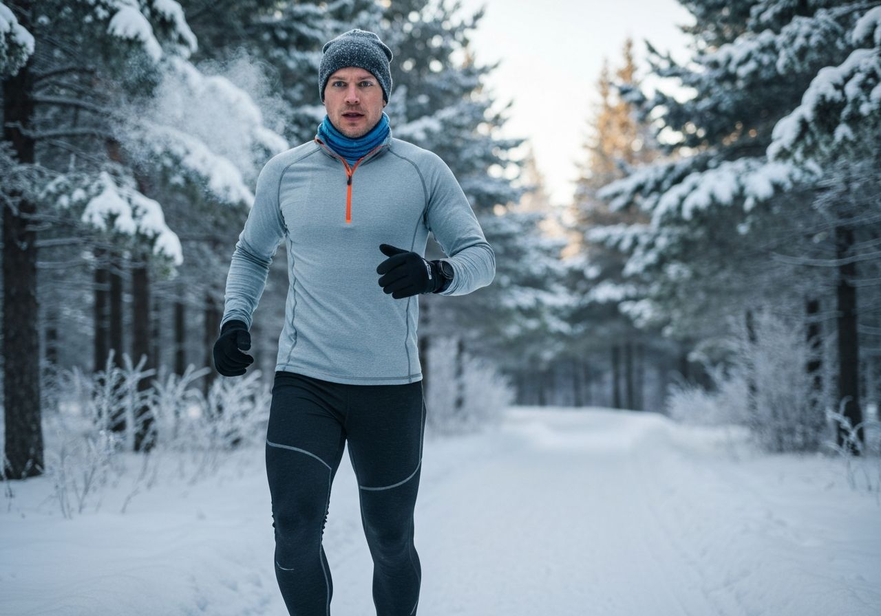 Biegacz w zimowym stroju na śnieżnym leśnym szlaku o poranku, widocznym oddechu i zamrożonych rzęsach.