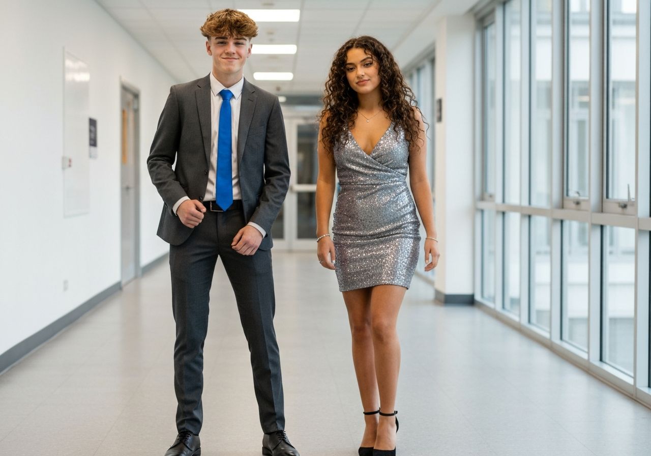 Nastolatka i nastolatek w modnych strojach na szkolnej imprezie pozują w jasnym korytarzu
