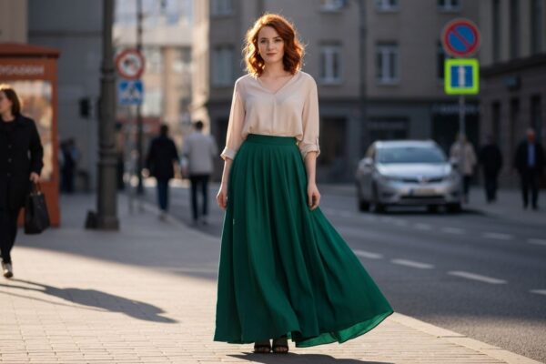 młoda kobieta w eleganckiej maxi spódnicy i bluzce na miejskiej ulicy w naturalnym świetle wiosenny styl miejskiej mody