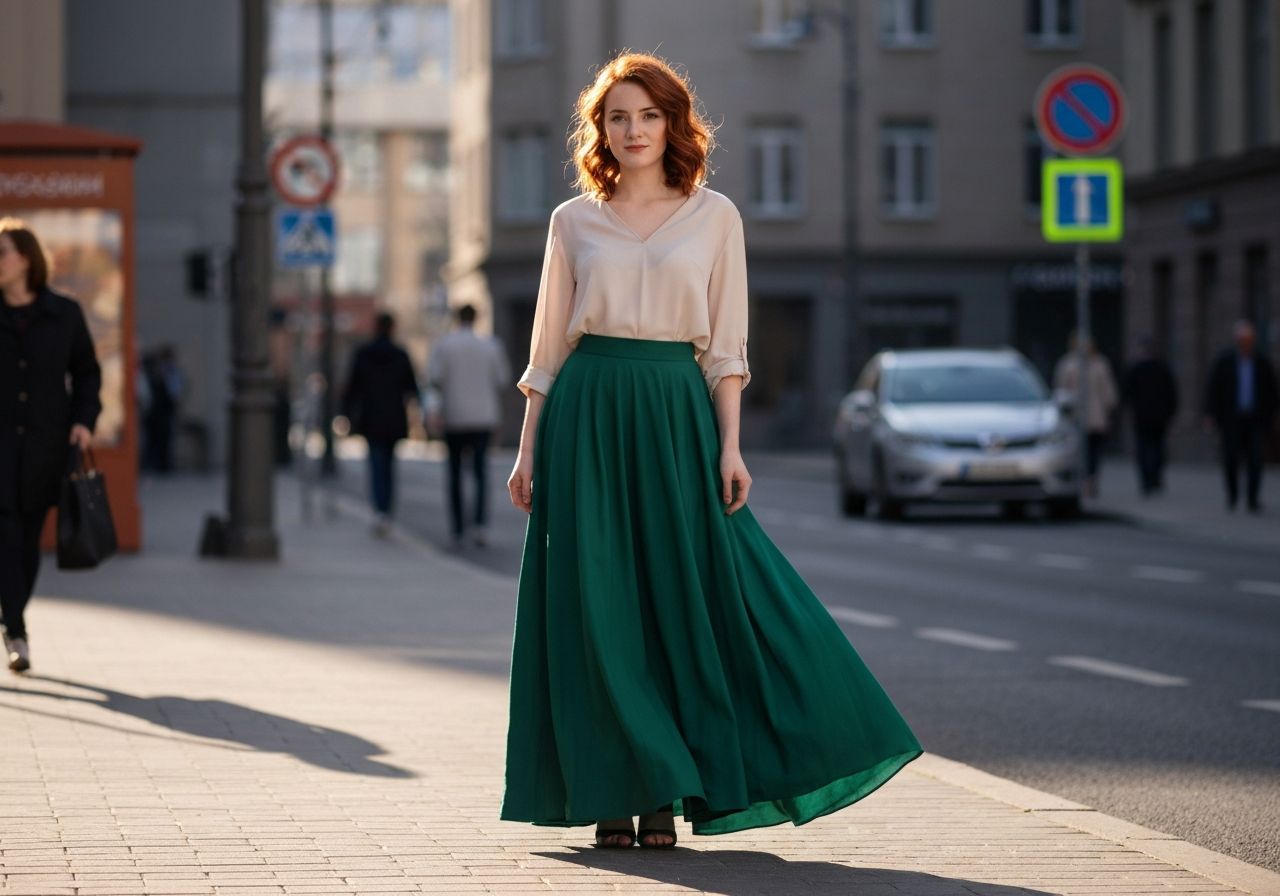 młoda kobieta w eleganckiej maxi spódnicy i bluzce na miejskiej ulicy w naturalnym świetle wiosenny styl miejskiej mody