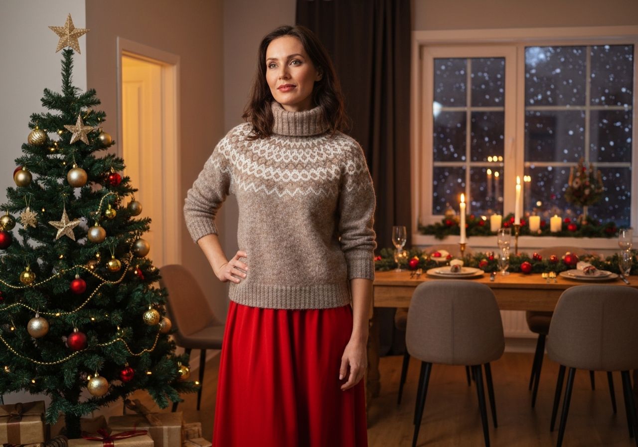 Kobieta przy choince w przytulnym wnętrzu z dekoracjami świątecznymi i zaśnieżonym oknem w tle