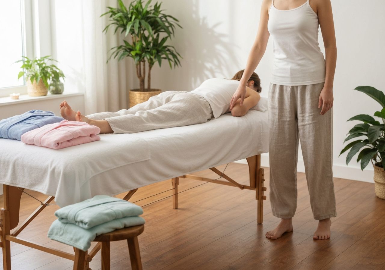 Kobieta w lekkich ubraniach przygotowuje się do masażu w jasnym, naturalnym wnętrzu spa.