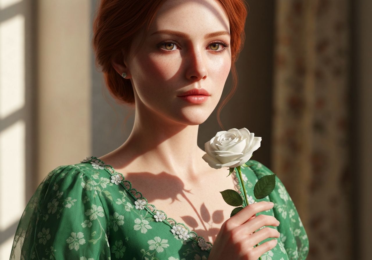 Kobieta w kwiecistej sukience z biżuterią dopasowaną do kolorów sukienki na rozmytym tle