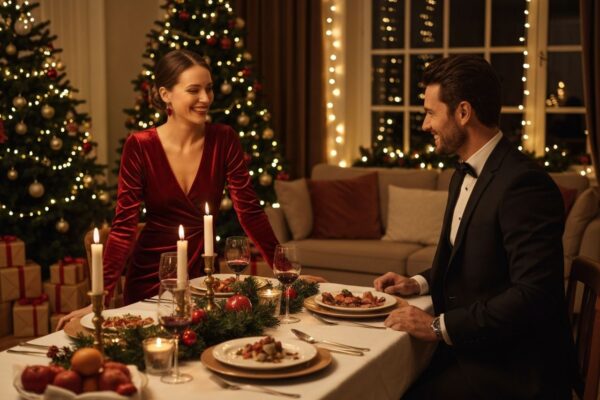 Przytulny salon świąteczny z dekoracjami, stołem i parą przygotowującą się do kolacji wigilijnej