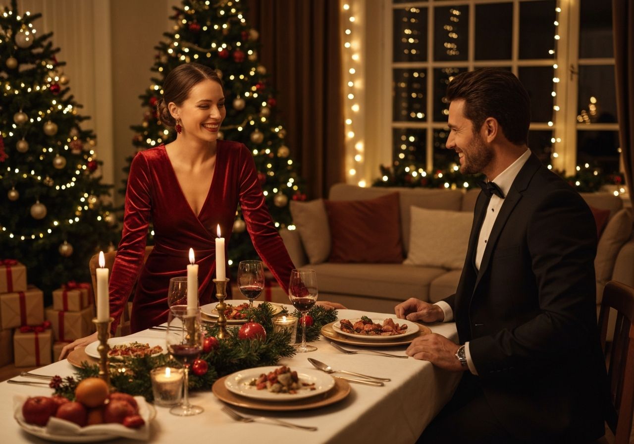 Przytulny salon świąteczny z dekoracjami, stołem i parą przygotowującą się do kolacji wigilijnej