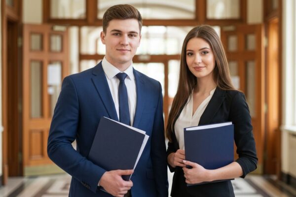 Młody mężczyzna i kobieta w akademickim stroju stoją obok siebie na korytarzu uczelni z teczkami.