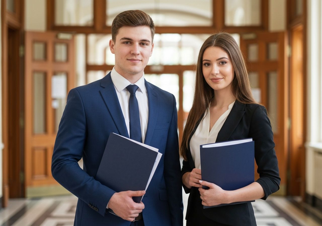 Młody mężczyzna i kobieta w akademickim stroju stoją obok siebie na korytarzu uczelni z teczkami.