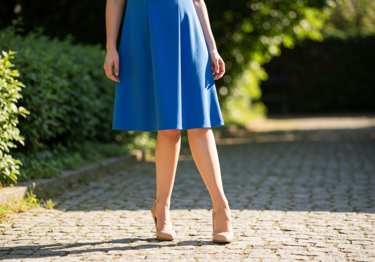 Kobieta w niebieskiej sukience i beżowych szpilkach na brukowanej ścieżce w naturalnym otoczeniu