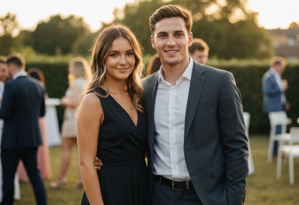 Stylowa młoda para na osiemnastce w eleganckich strojach na tle naturalnego pleneru o złotej porze dnia