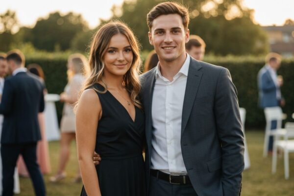 Stylowa młoda para na osiemnastce w eleganckich strojach na tle naturalnego pleneru o złotej porze dnia