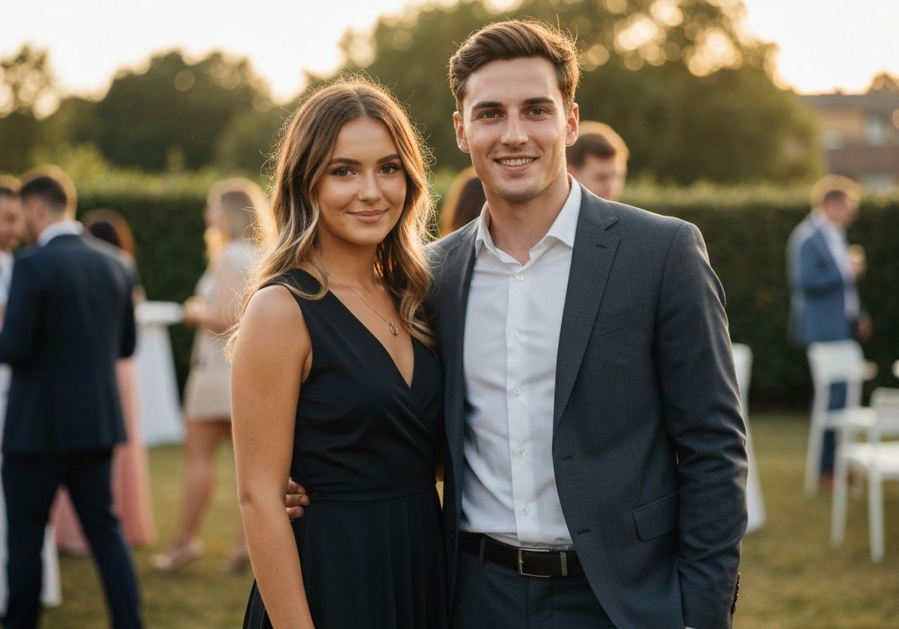 Stylowa młoda para na osiemnastce w eleganckich strojach na tle naturalnego pleneru o złotej porze dnia